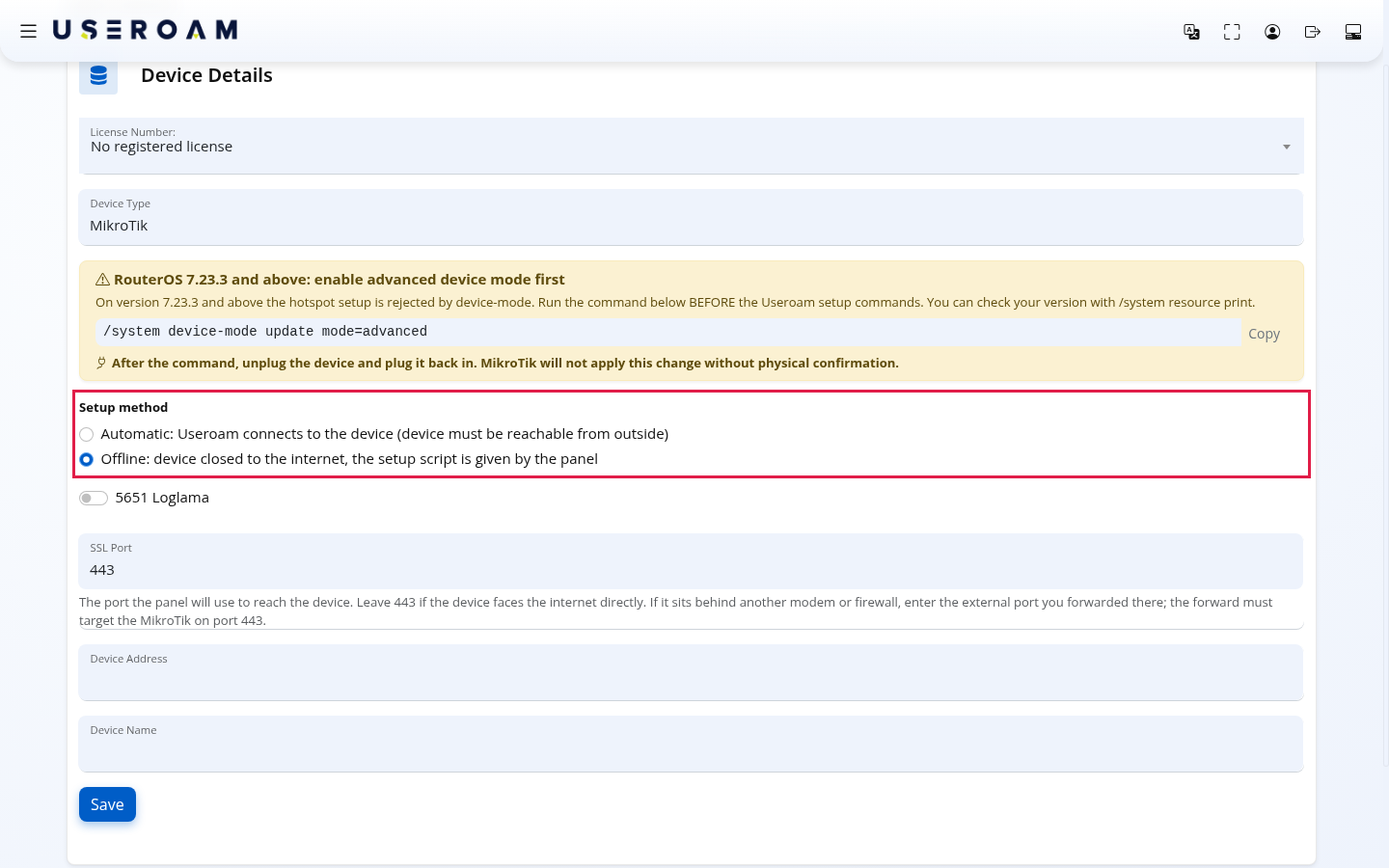 New Device form with MikroTik selected and Offline chosen as setup method