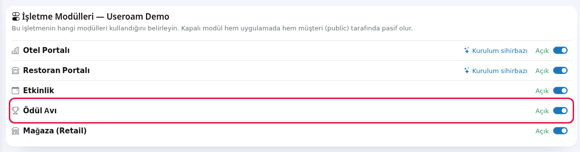 İşletme Modülleri kartında Ödül Avı satırı