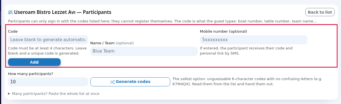 Add a single participant form