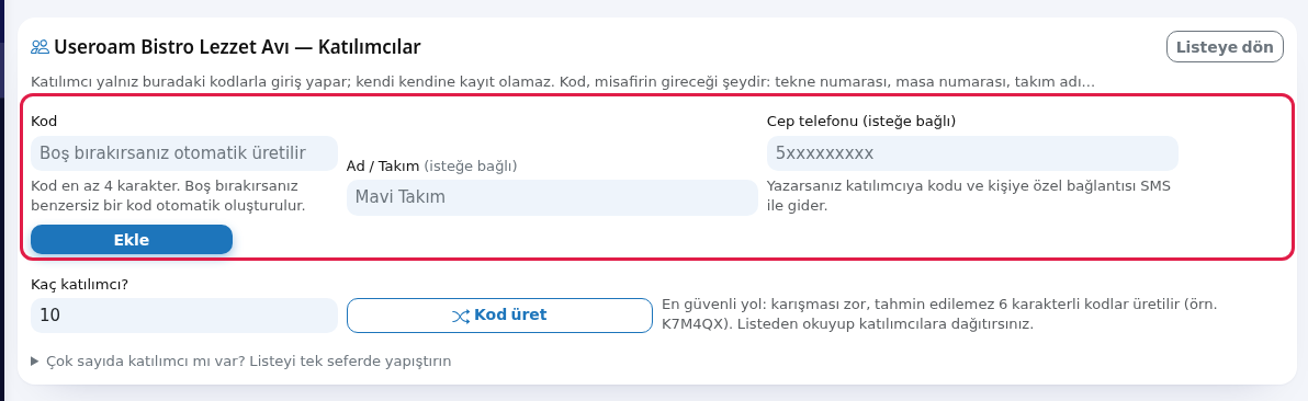 Tek katılımcı ekleme formu