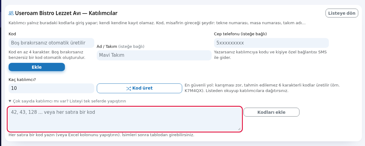 Toplu kod yapıştırma kutusu