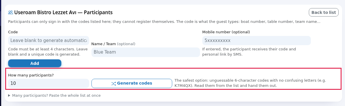 Generate codes form