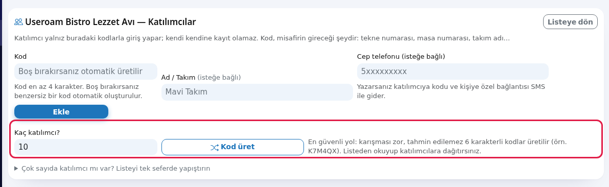 Kod üret formu