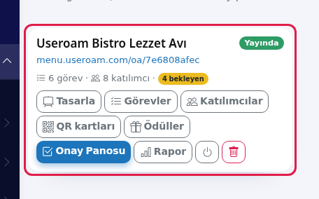 Ödül avı kartı ve düğmeleri