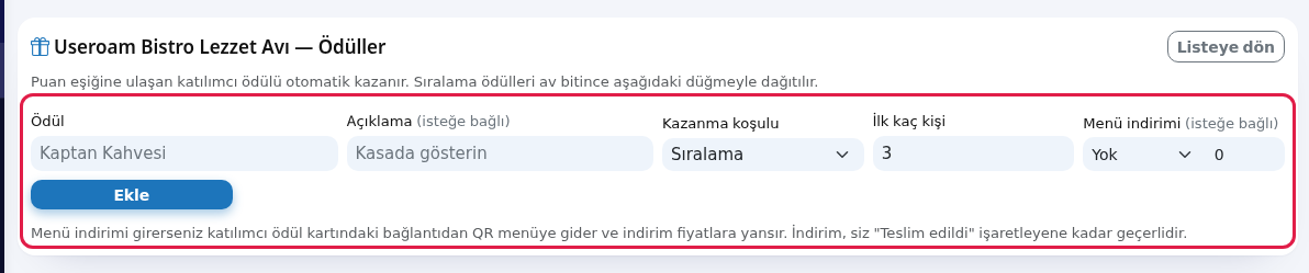 Ödül ekleme formu