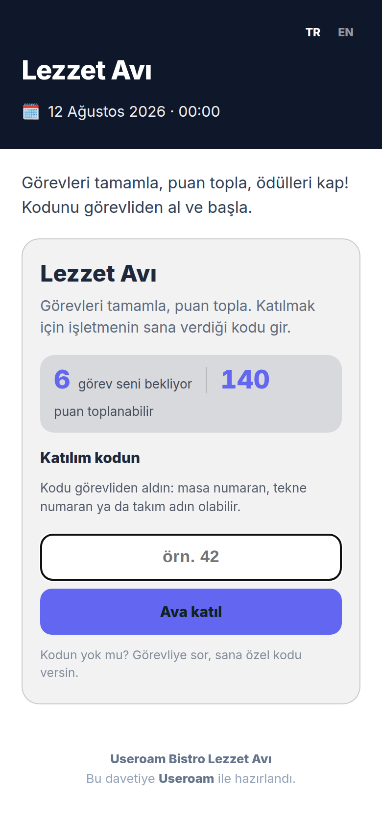 Misafirin telefonda gördüğü giriş ekranı
