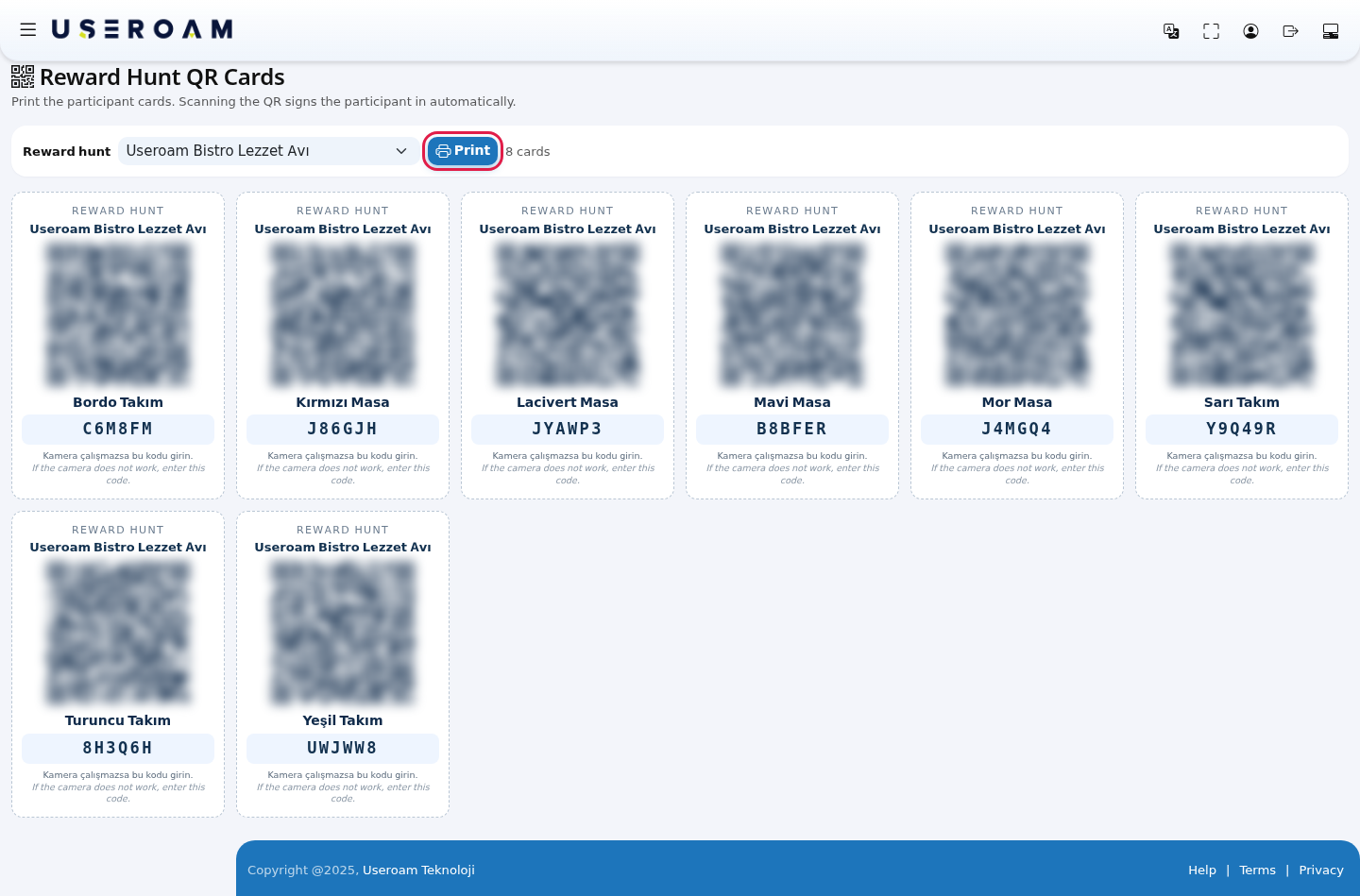 QR cards and the Print button