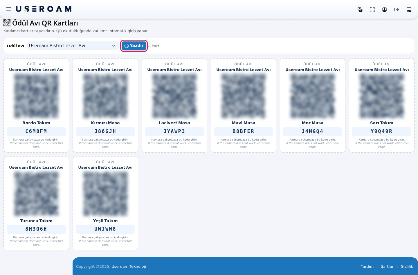 QR kartları ve Yazdır düğmesi