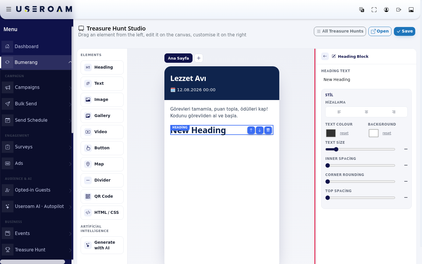 Selected heading block and its settings on the right