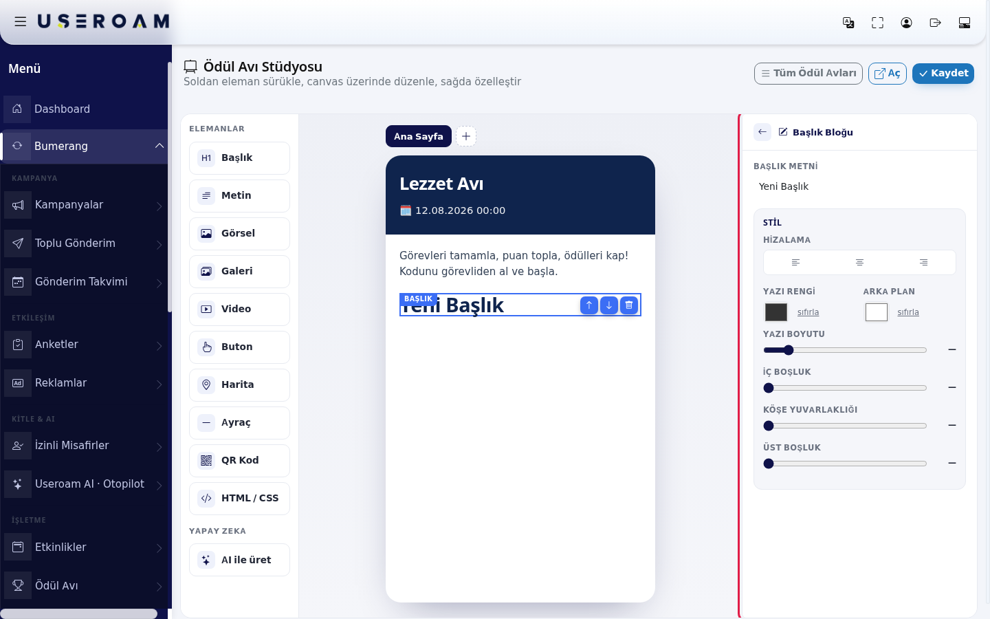 Seçili başlık bloğu ve sağdaki blok ayarları