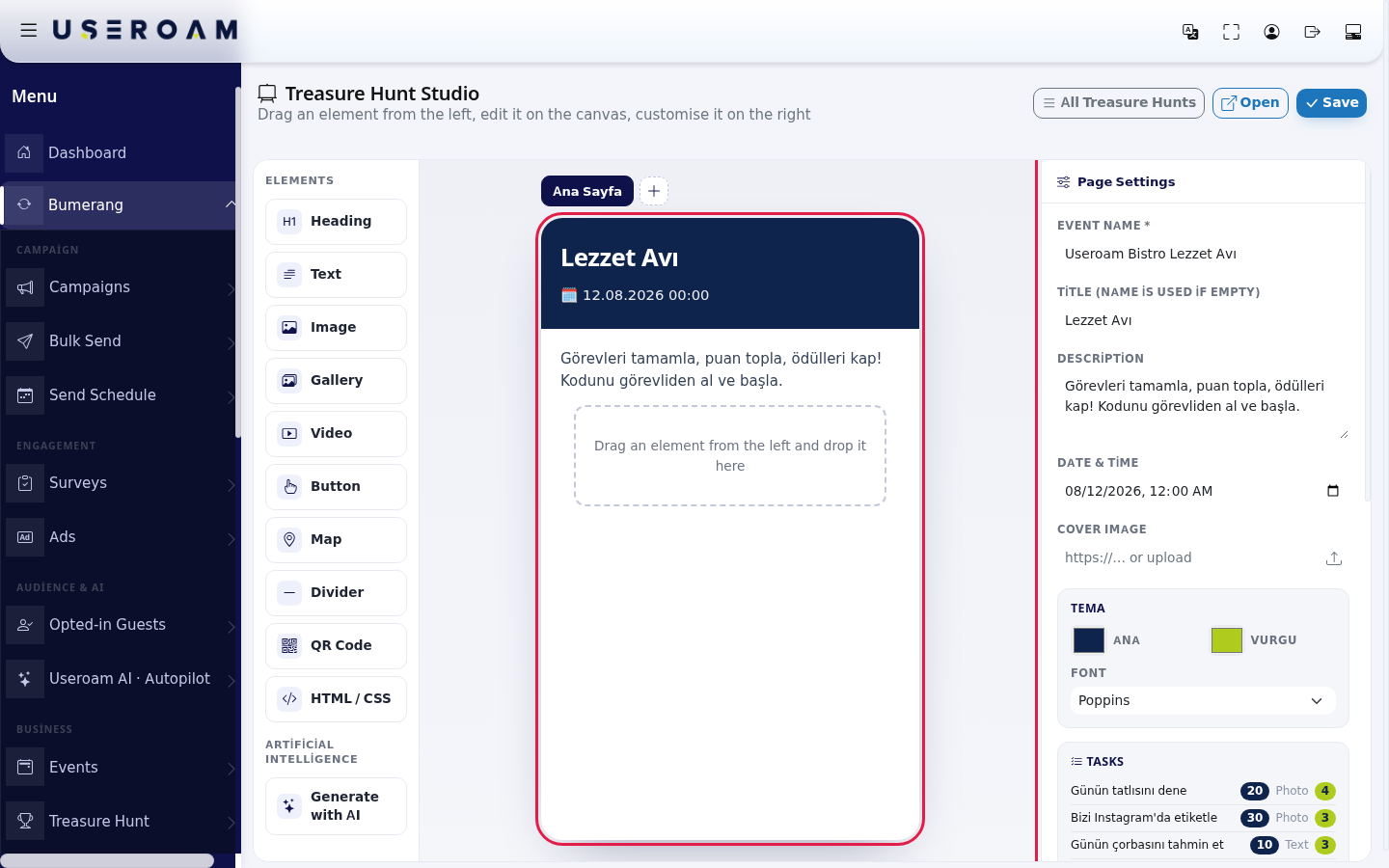 Treasure Hunt Studio: elements on the left, phone preview in the middle, settings on the right