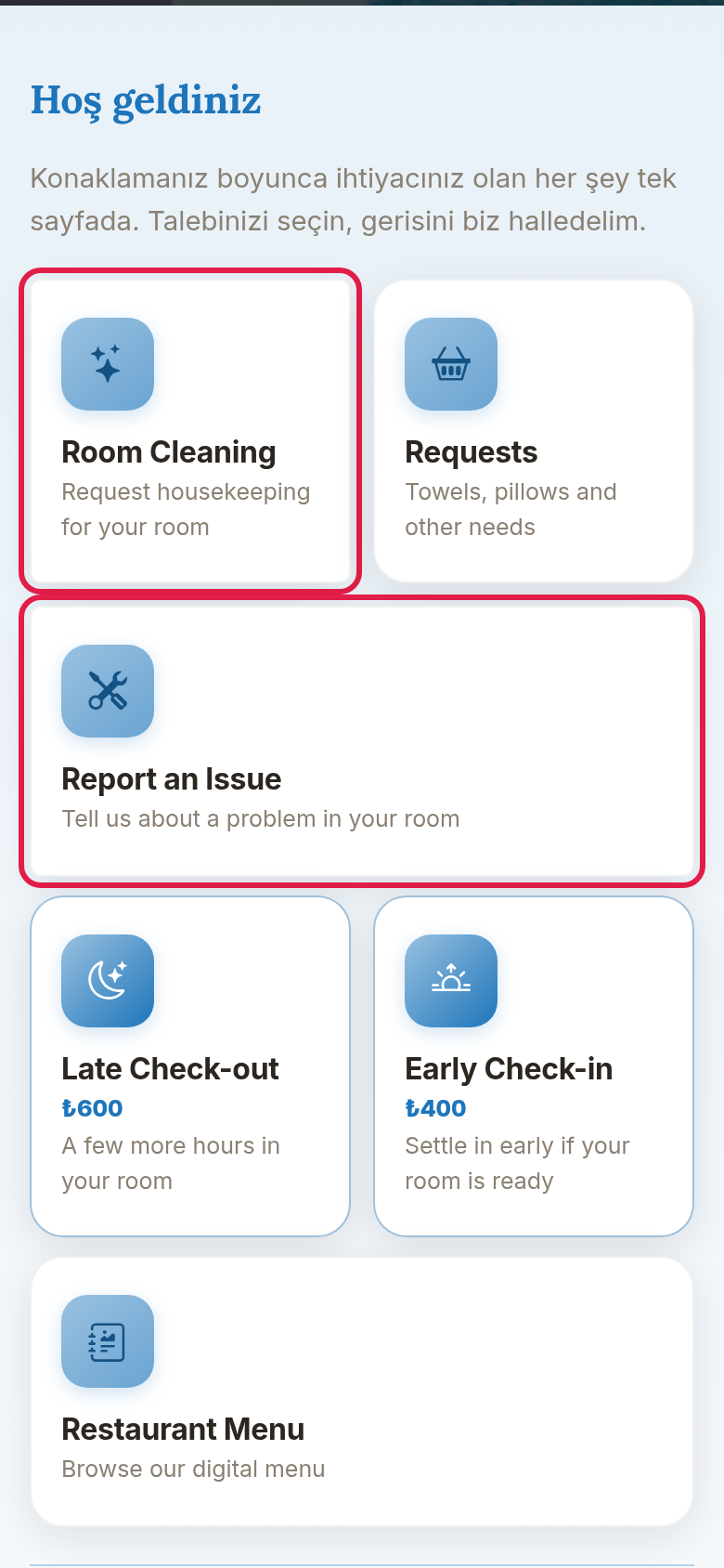 Room Cleaning and Report an Issue cards