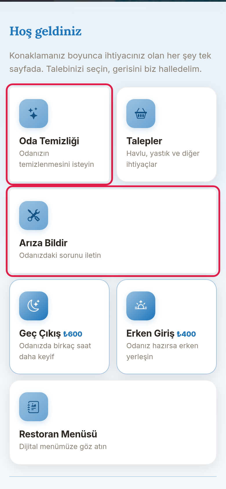 Oda Temizliği ve Arıza Bildir kartları
