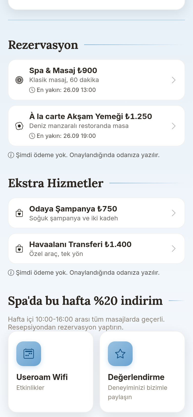 Rezervasyon ve Ekstra Hizmetler bölümleri
