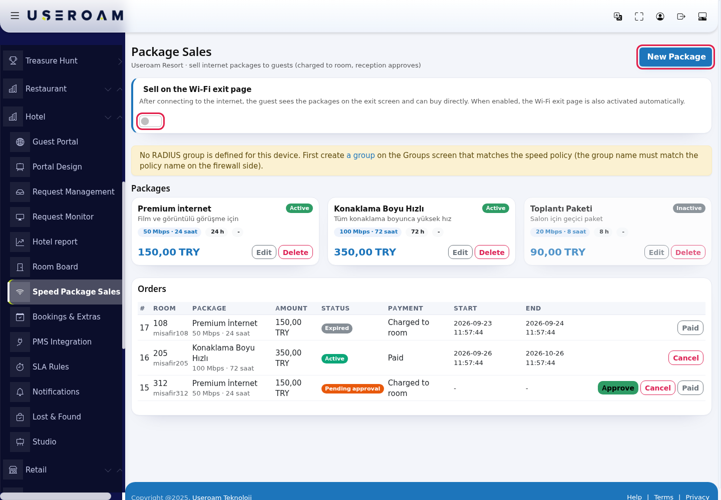 Speed Package Sales screen