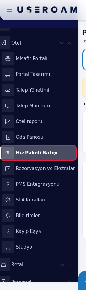 Sol menüde Hız Paketi Satışı