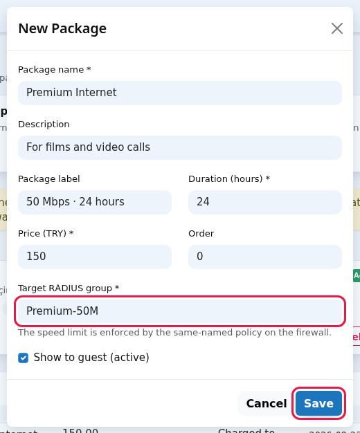 New Package window