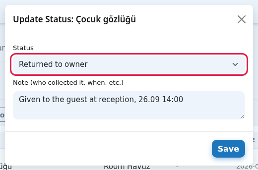 Update Status window, Returned to owner and note