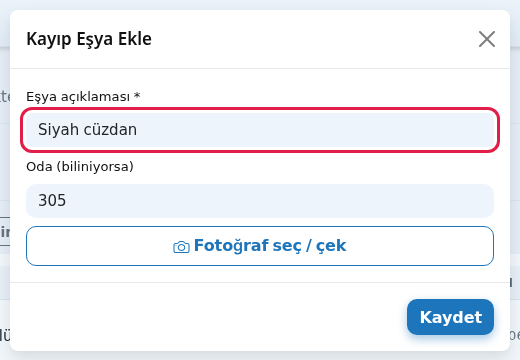Kayıp Eşya Ekle penceresi