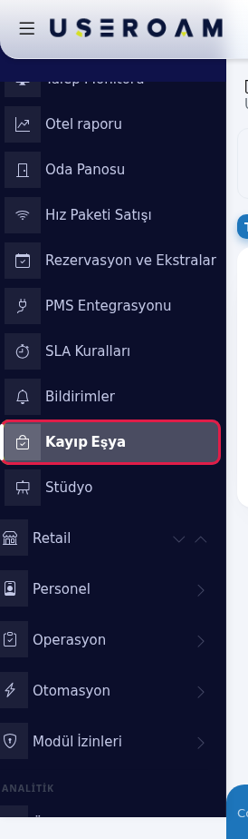Sol menüde Kayıp Eşya