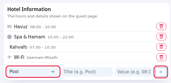 Hotel Information card, icon choice and plus button