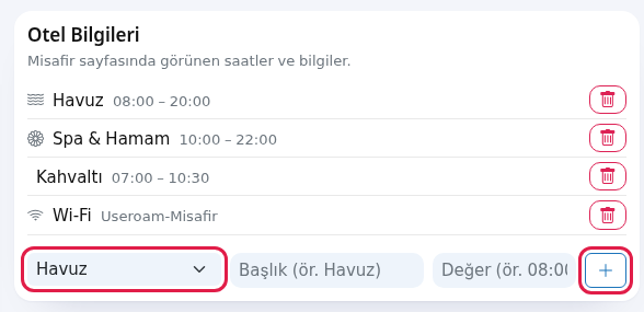 Otel Bilgileri kartı, simge seçimi ve artı düğmesi