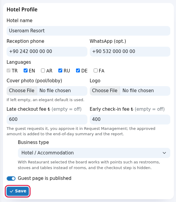 Hotel Profile card on the Guest Portal screen