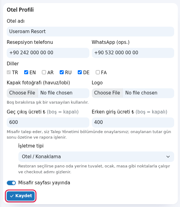 Otel Profili kartı ve Kaydet