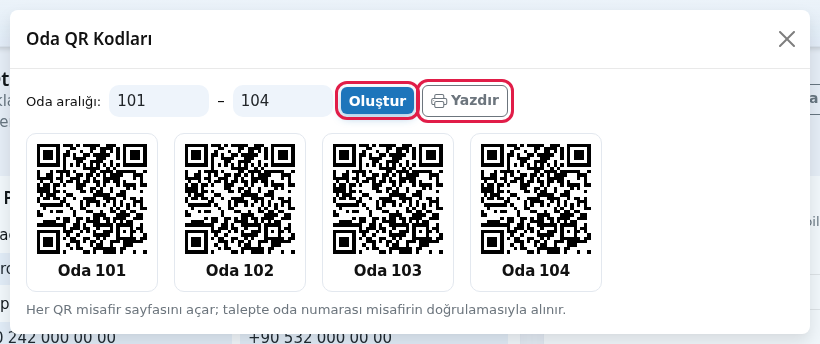 Oda QR Kodları penceresi, Oluştur ve Yazdır