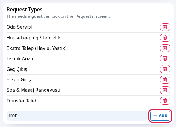 Request Types card, new type and Add