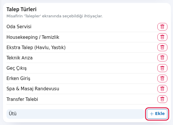 Talep Türleri kartı, yeni tür ve Ekle