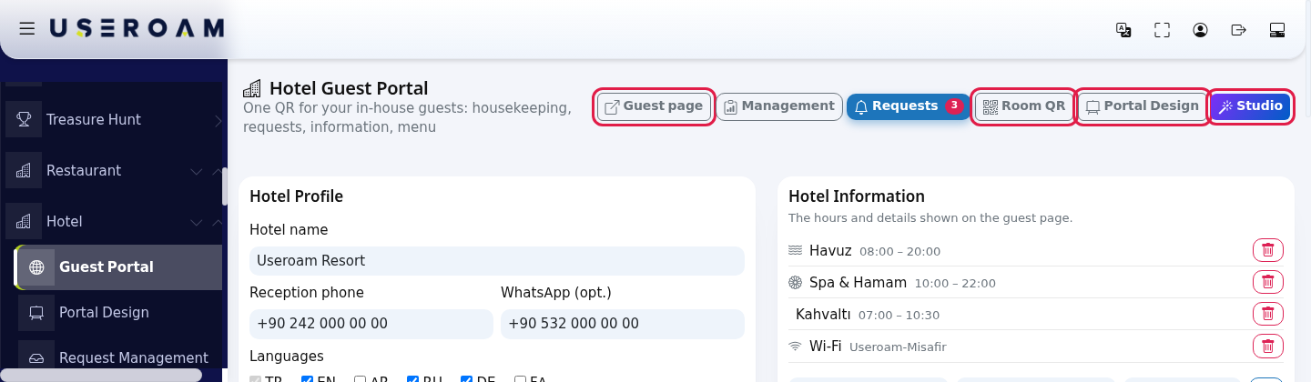 Top buttons: Guest page, Room QR, Portal Design, Studio