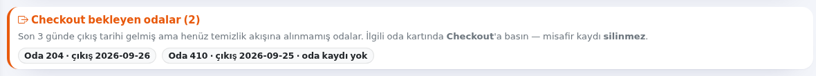 Checkout bekleyen odalar kartı (örnek görünüm)