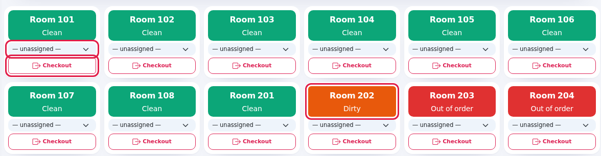 Room cards, status button, person list and Checkout