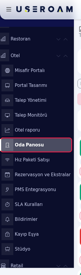 Sol menüde Oda Panosu