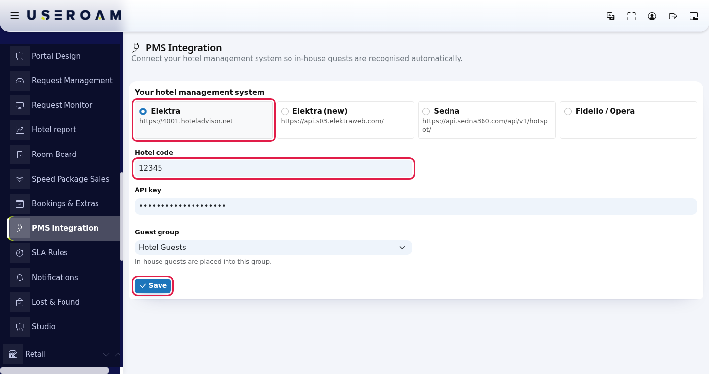 Elektra selected, Hotel code, API key, Guest group and Save (example values)