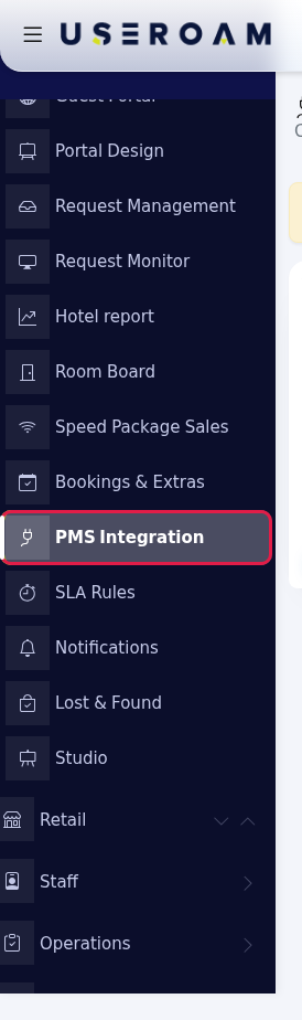 PMS Integration in the left menu