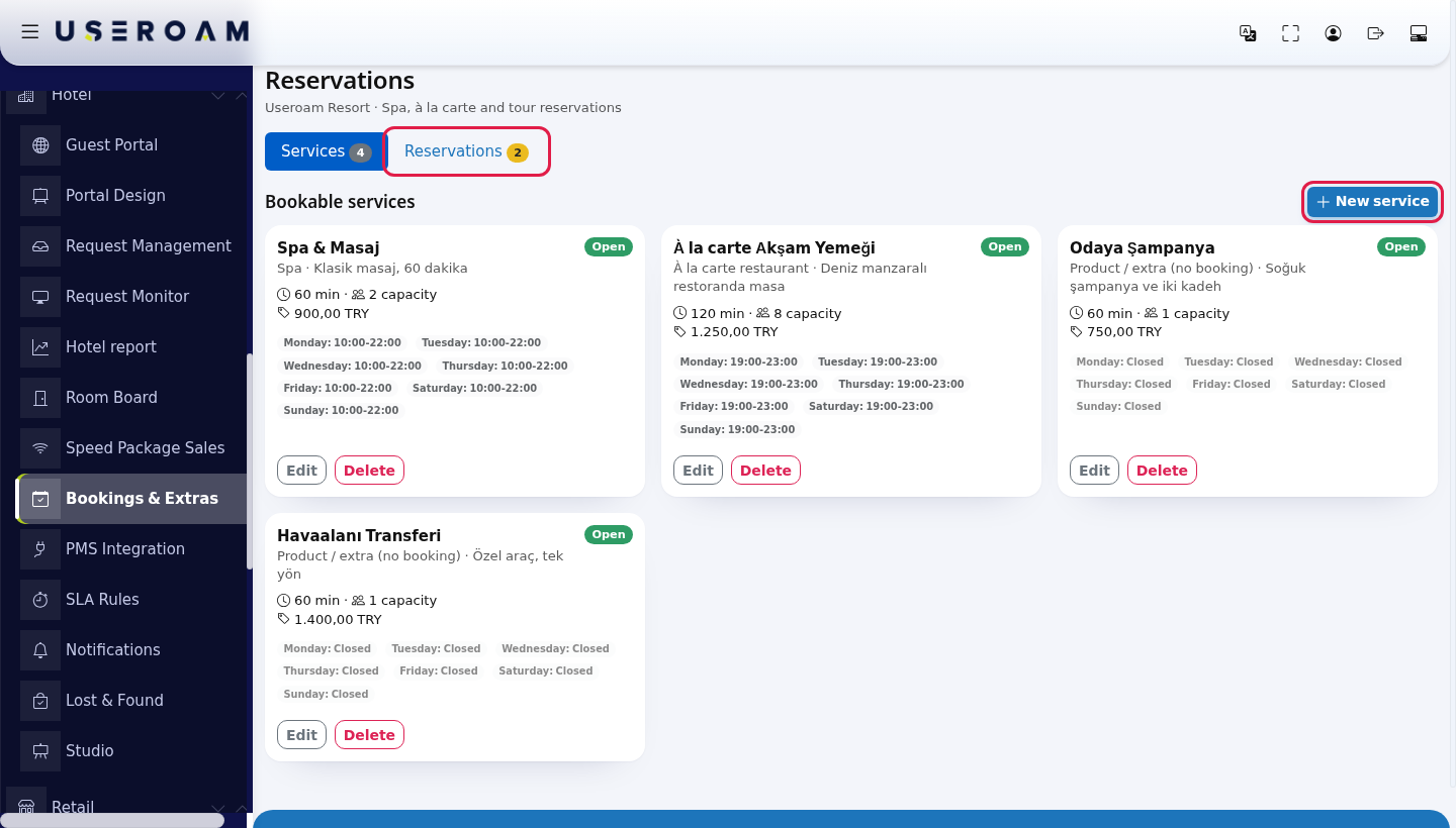 Services tab, New service button and Reservations tab