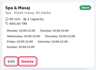 Service card, Edit and Delete