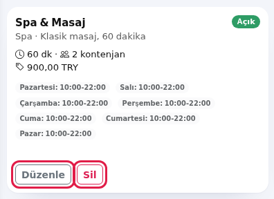 Hizmet kartı, Düzenle ve Sil