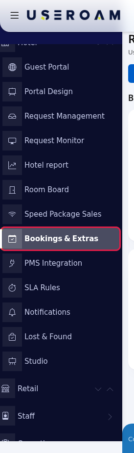 Bookings & Extras in the left menu