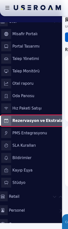 Sol menüde Rezervasyon ve Ekstralar