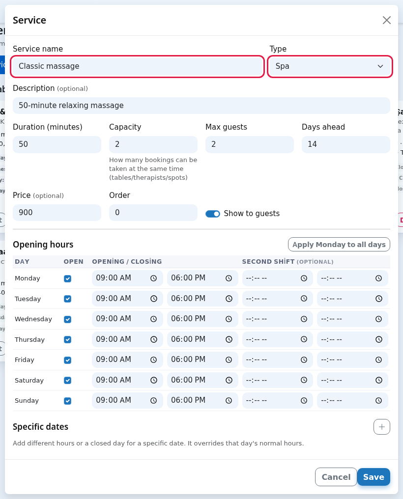 Service window: name, type, duration, capacity, price