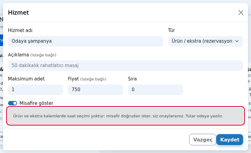 Ürün / ekstra türünde Maksimum adet ve açıklama notu