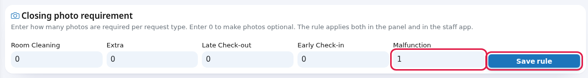 Closing photo requirement card, 1 for Malfunction