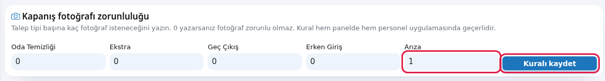 Kapanış fotoğrafı zorunluluğu kartı, Arıza için 1