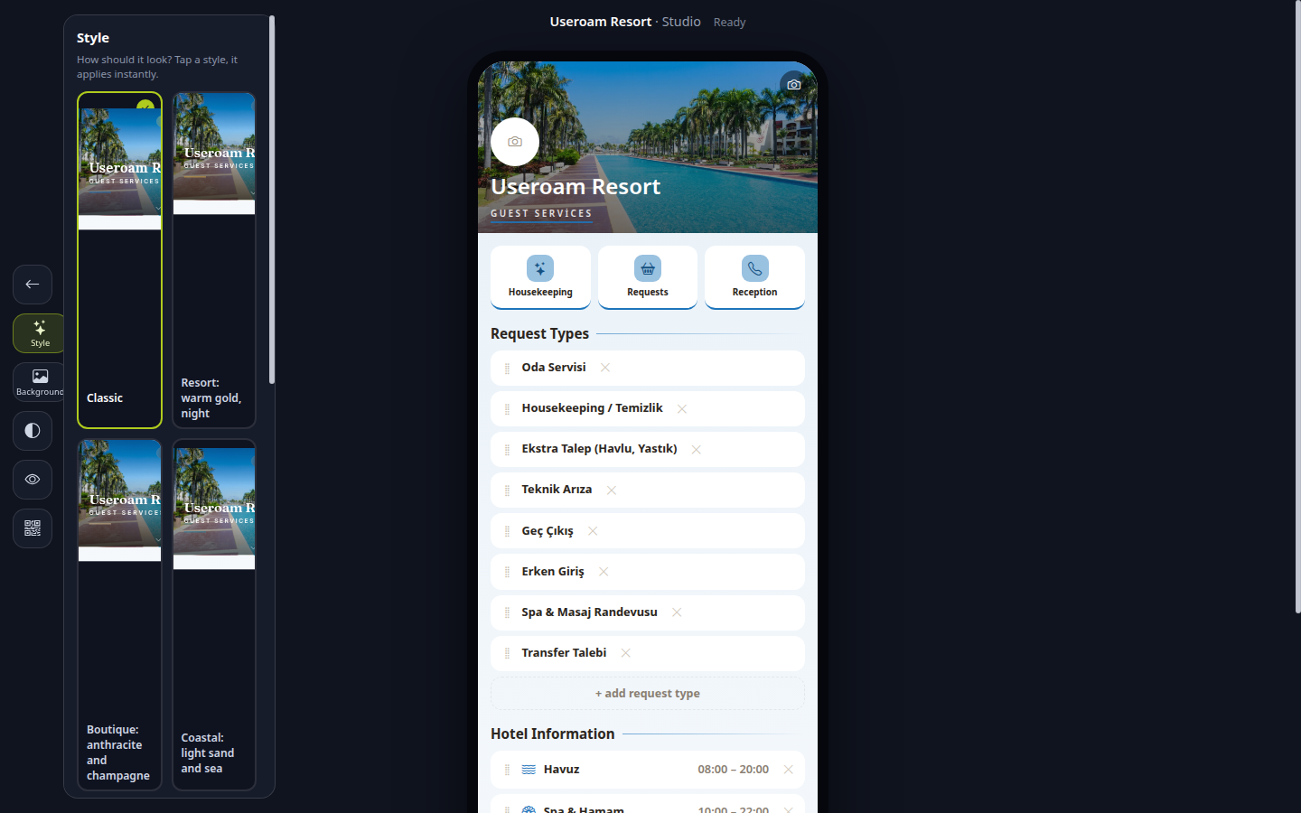 Studio: tool strip, Style panel and phone preview