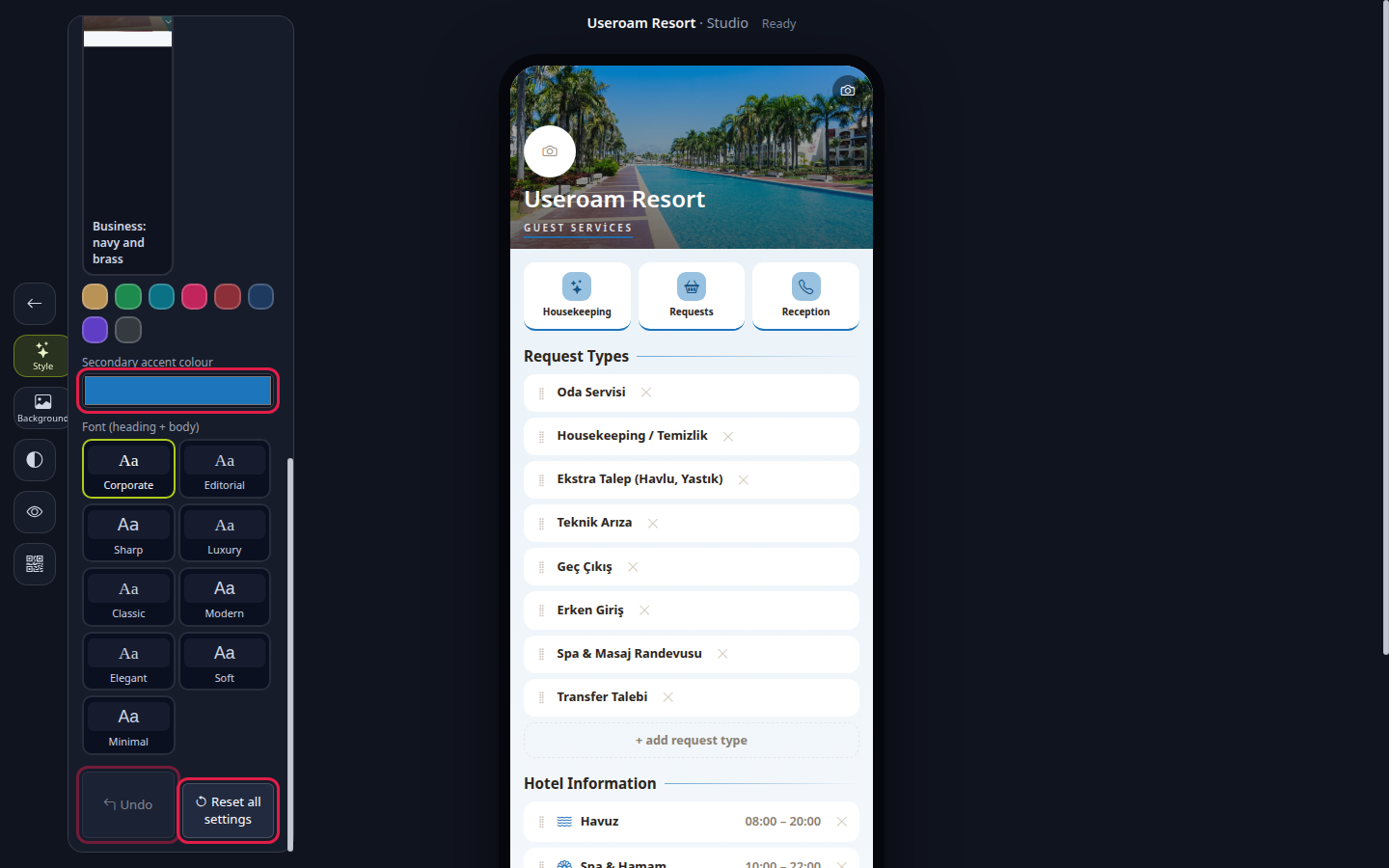 Style panel: secondary accent colour, font, Undo and Reset all settings