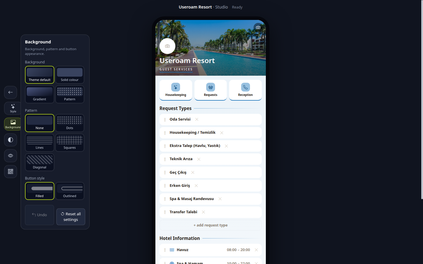 Background panel: Background, Pattern and Button style