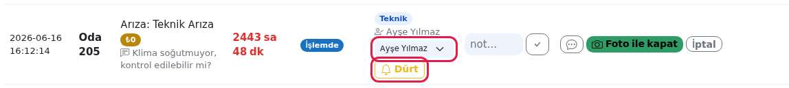 Atama listesinde seçilmiş personel ve Dürt düğmesi